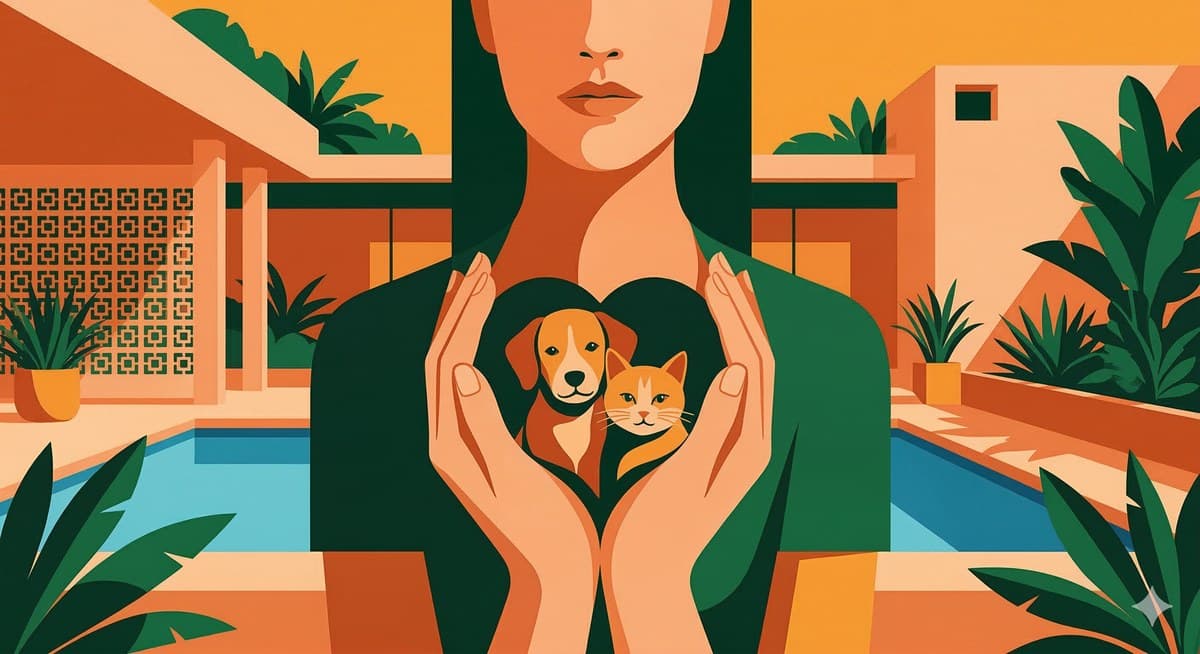 Ilustração de uma pessoa acolhendo um cão e um gato